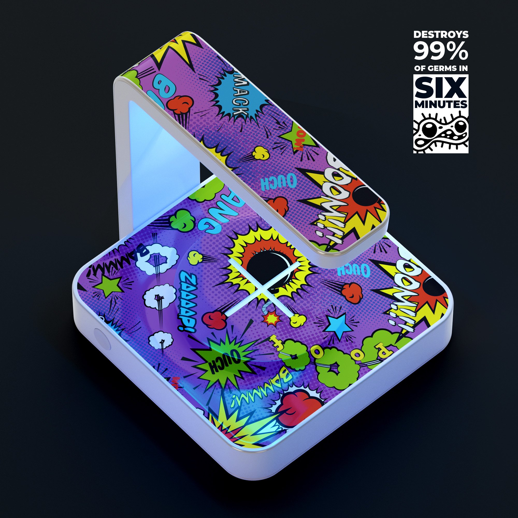 Bang Comic Speech Bubbles V2 UV Germicidal Sanitizing Sterilizing charger with wireless charging and sterilizing lamp features.